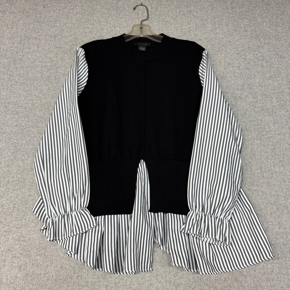 Gracia Mixed Media Sweater Top Large Black White Striped Peplum Ruffle Sleeve